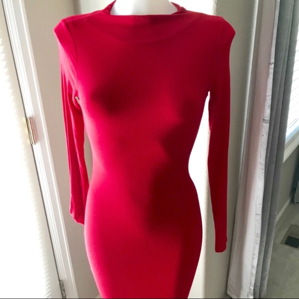 Red Mock Neck Long Sleeved Midi Dress